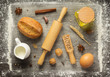 bakery ingredients on wooden background