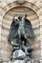 Fountain Saint-Michel At Place Saint-Michel In Paris, France. It Was Constructed In 1858-1860 During French Second Empire By Architect Gabriel Davioud. Archangel Michael And Devil By Francisque Duret.