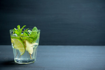 Lime and mint drink glass. Selective focus.