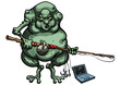 Internet troll/ Illustration cartoon ugly troll fisherman with a fishing rod and a laptop on the hook