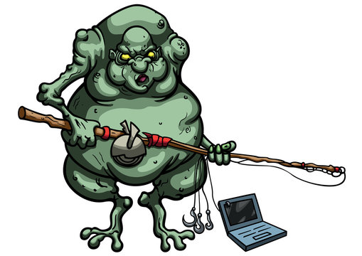 internet troll/ illustration cartoon ugly troll fisherman with a fishing rod and a laptop on the hoo