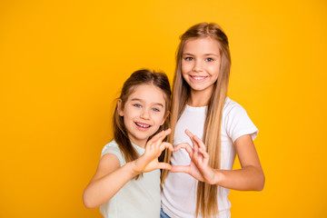 Wall Mural - Portrait of two nice-looking adorable attractive lovely sweet cheerful positive pre-teen girls showing health care healthy heart isolated over bright vivid shine yellow background