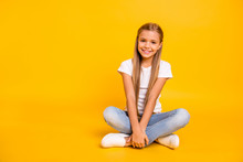 Portrait Of Her She Nice Cute Sweet Attractive Cheerful Straight-haired Pre-teen Girl Sitting In Lotus Pose Isolated Over Bright Vivid Shine Yellow Background