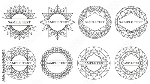 Set of round ornaments. Border made of lines. Geometric pattern. Circle shape...