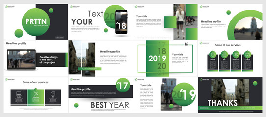 Wall Mural - Abstract white, green presentation slides. Modern brochure cover design. Fancy info banner frame. Creative infographic elements set. Urban city font. Vector title sheet model. Ad flyer style template