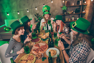 Sticker - Portrait of nice stylish trendy lovely attractive cheerful glad positive group of people guys chatting craft brewery jar mug beer festive amusement having fun in pub indoors