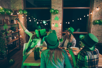 Poster - Nice attractive stylish trendy cheerful cheery glad positive group of people guy taking making selfie gathering meeting having fun congrats festive night life indoors pub