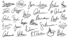 Handwritten Signature. Manual Signatures, Manuscript Sign For Documents And Hand Drawn Autograph Lettering Isolated Vector Set
