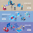 © Tartila - Isometric people in vr. Portable virtual reality simulation headset banners. Vector illustration collection