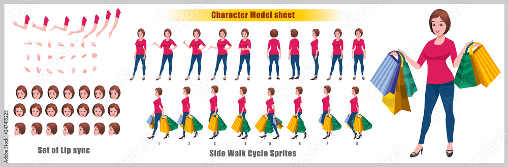 Character Model sheet with walk cycle animation sprites and lip syncing 