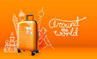 Plastic suitcase with different travel stuff silhouettes. Around the world