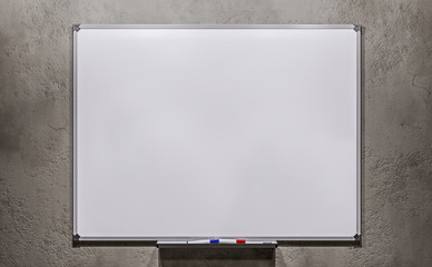 Business presentation office empty white board with marker pens on old weathered concrete wall background mockup