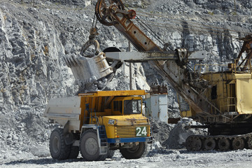 Excavator loads rock ore into a large mining truck close-up.