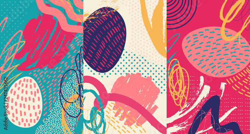 Creative doodle art header with different shapes and textures. Collage. Vector