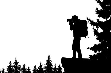 Wall Mural - Realistic illustration of a man's silhouette with camera and backpack. It stands on the bay in the mountains and looks into the valley of the forest - Vector