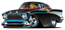 Classic American Hot Rod Fifties Muscle Car Cartoon With A Cool Man And Cute Blonde Woman Cruising, Low Profile, Big Tires And Rims, Jet Black Paint, Isolated Vector Illustration