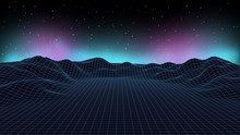 3d Sci-fi Retro Connection Background. Wireframe Topography Landscape. Blockchain And Crypto Currency Technology Background. Digital Landscape. HUD Elements. Big Data And Artificial Intelligence.