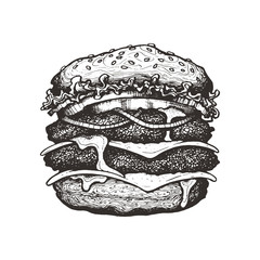 Vector illustration. Double cheeseburger with cheese, tomato, onion and lettuce. Big beef burger with vegetables. Hand drawn ink sketch. Graphic vintage element. Isolated on white background