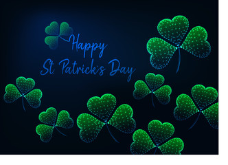 St. Patricks Day greeting card template with glowing low polygonal green shamrock leaves.