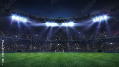 Fotografía grand football stadium illuminated by spotlights and empty green grass playgroun