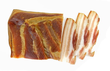 Wall Mural - Smoked bacon isolated on white background.