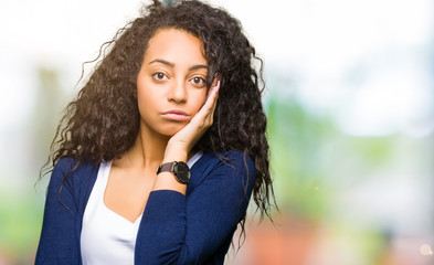 Canvas Print - Young beautiful girl with curly hair thinking looking tired and bored with depression problems with crossed arms.