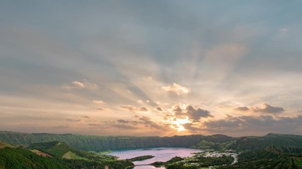 Wall Mural - beautiful sunrise above ciete cidades mountain lake at azores san miguel island