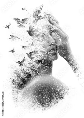Foto-Lamellenvorhang - Paintography. Double Exposure portrait of an elegant woman with closed eyes combined with hand made pencil drawing of a flock of birds flying freely resembling disintegrating particles of her being (von LUMEZIA.com)