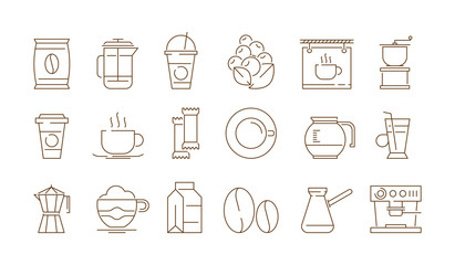 Wall Mural - coffe shop icon. hot drinks tea and coffee time with cake food vector thin symbols isolated. coffee 