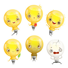 Canvas Print - Bulb characters. Cartoon lamp mascot in dynamic poses and fun emotions vector picture. Light lamp cartoon, happy idea smile illustration