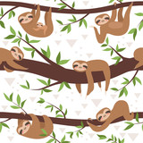 Sloth seamless. Cute little sleepy baby animal textile pattern family hanging vector concept. Illustration of sloth lazy on branch pattern
