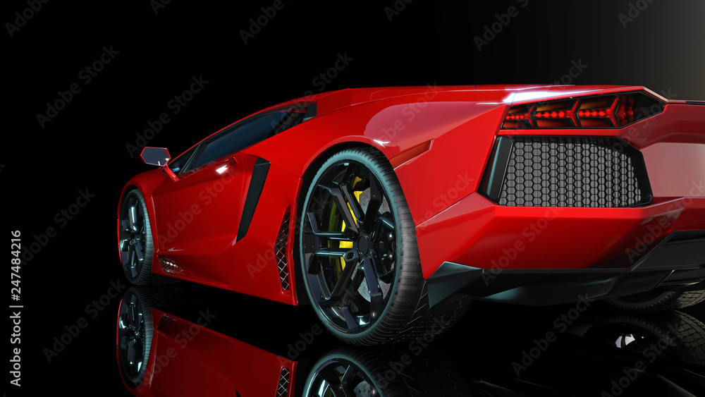 Red sports car, rear end and taillights of a sport automobile, race car ...