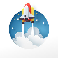 Wall Mural - Paper art of space shuttle launch out of the earth, start up business concept and exploration idea
