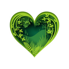 Wall Mural - Paper carve to green forest heart shape, paper art concept and ecology idea