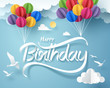 Paper art of happy birthday calligraphy hand lettering hanging with colorful balloon