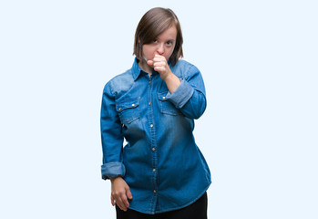 Wall Mural - Young adult woman with down syndrome over isolated background feeling unwell and coughing as symptom for cold or bronchitis. Healthcare concept.