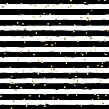 Abstract Black And White Striped On Trendy Background With Random Gold Foil Dots Pattern. You Can Use For Greeting Card Or Wrapping Paper, Textile, Packaging, Etc.