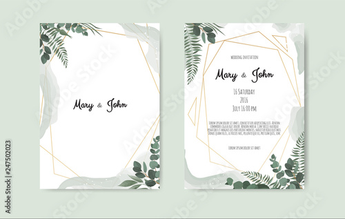 Botanical wedding invitation card template design, white and pink flowers on ...