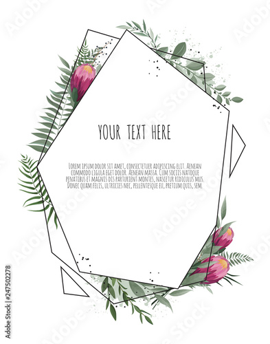 Vector floral botanical card design with leaves with geometrical frame. Prote...