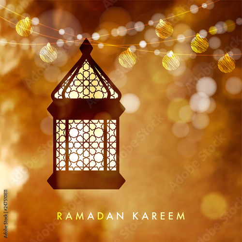 Hanging Illuminated Arabic Lamp Lantern With String Of Golden Lights Festive Blurred Vector Illustration Background For Muslim Community Holy Month Ramadan Kareem With Bokeh Effect Buy This Stock Vector And Explore