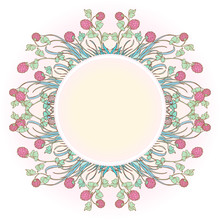 Decorative Composition With Red Clover In Bloom. Blank Plate For Text In The Middle. St. Patrick's Day Festive Design. EPS 10 Vector Illustration