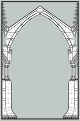 Medieval manuscript style rectangular frame. Gothic style pointed arch formed with flying buttresses. Vertical orientation. EPS10 vector illustration