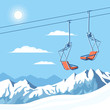 Chair ski lift for mountain skiers and snowboarders moves in the air on a rope on the background of winter snow capped mountains and the shining sun. Vector flat illustration.