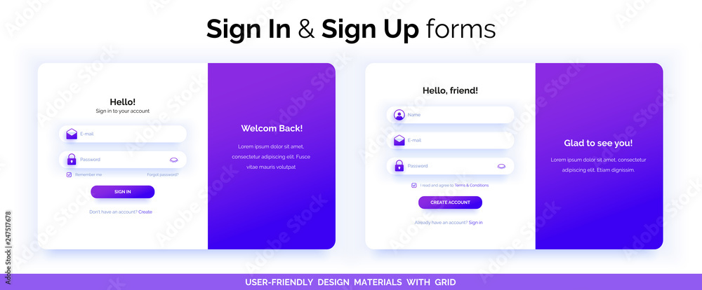 Set of Sign Up and Sign In forms. Purple gradient. - obrazy, fototapety, plakaty 