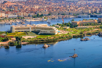 16/11/2018 Aswan, Egypt, view of the panorama of the city from the mountain of the west coast of the Nile on a sunny day