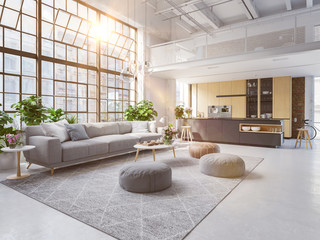 Wall Mural - 3D-Illustration of a new modern city loft apartment.