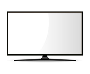 Black Television with White Screen. Wide Monitor isolated on Background. 4k High Definition Lcd. Led Electronic Display Design Mockup. Crystal Clear Cinema Panel. Hdtv Televisor with Stand.