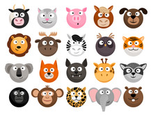Animal Emoticons. Horse And Zebra Heads, Monkey And Dog Face Icons, Tiger And Elephant Funny Friend Cartoon Pack Isolated On White, Vector Illustration