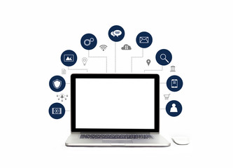 Poster - Digital marketing. laptop with white screen blank and icon digital marketing network connection on white background. Social media and business technology. Digital transformation and management.