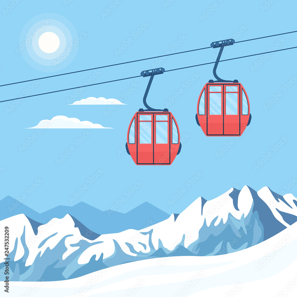 Red ski cabin lift for mountain skiers and snowboarders moves in the air on a cableway on the background of winter snow capped mountains and the shining sun. Vector flat illustration.  - obrazy, fototapety, plakaty 